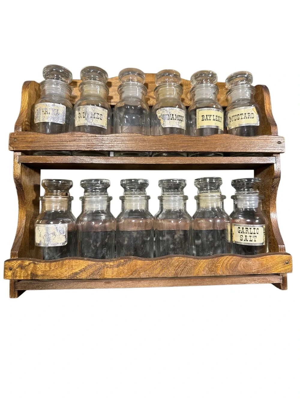 Vintage Wooden Spice Rack Wall Decor with Glass Jars - Brown